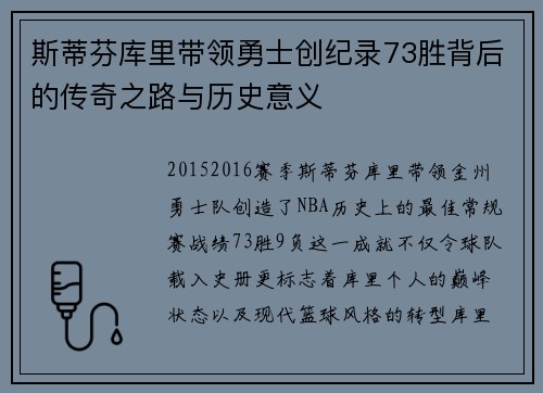斯蒂芬库里带领勇士创纪录73胜背后的传奇之路与历史意义 斯蒂芬库里带领勇士创纪录73胜背后的传奇之路与历史意义