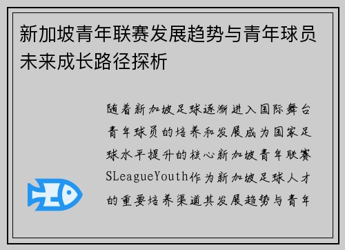 新加坡青年联赛发展趋势与青年球员未来成长路径探析