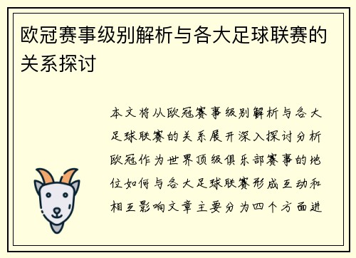 欧冠赛事级别解析与各大足球联赛的关系探讨